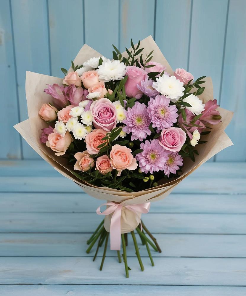 Букет цветов из: Хризантемы, Розы и Альстромерии в Солманово