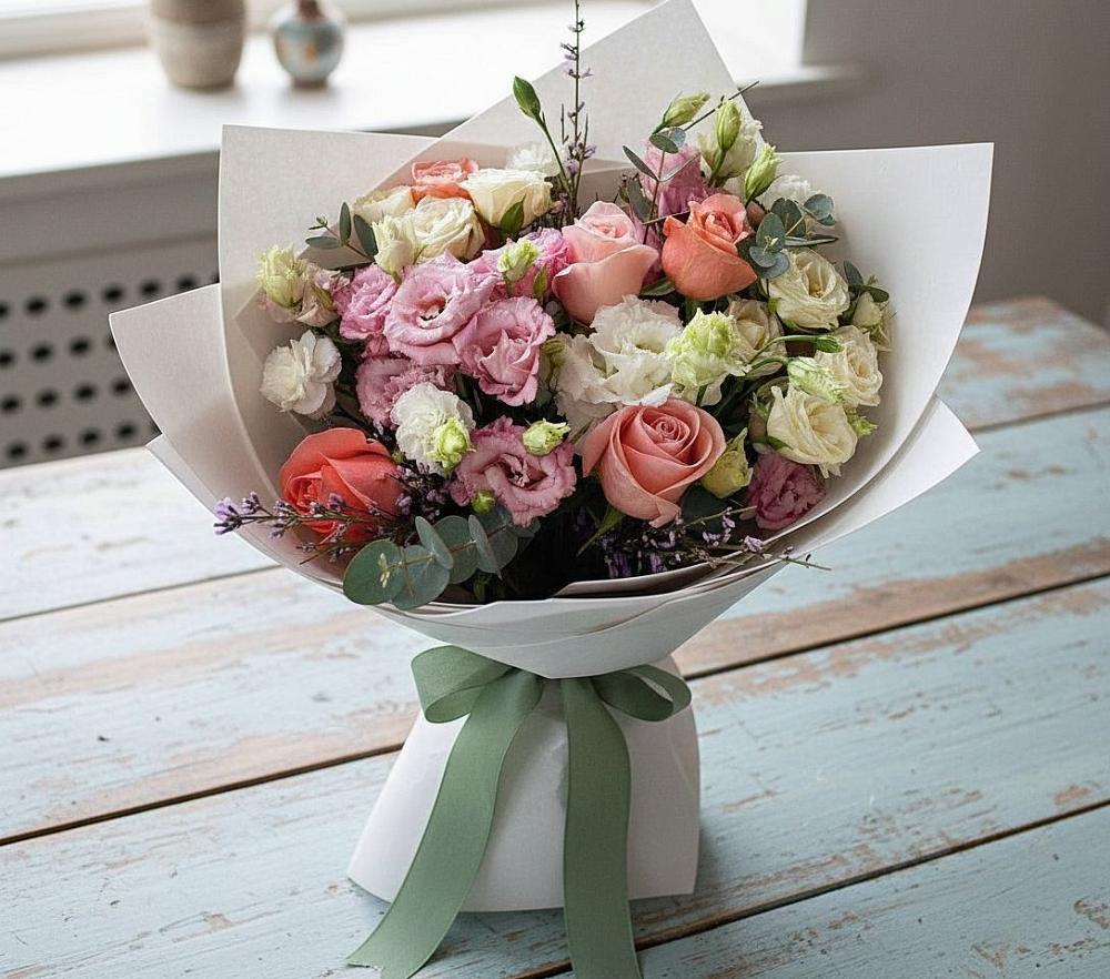 Букет цветов из: Розы, Лизиантусы и Гвоздики в Солманово