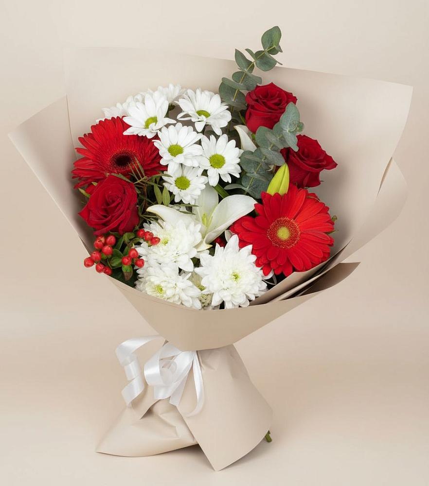 Букет цветов из: Розы, Хризантемы, Герберы и Лилии в Солманово