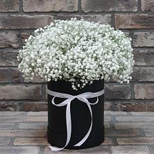Цветочная композиция из Гипсофила в шляпной коробке в Солманово